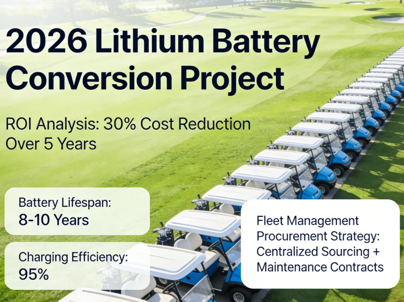 Large fleet of electric golf carts parked in a row on a green golf course, illustrating the massive scale of lithium battery conversion projects, ROI analysis, and fleet management procurement strategies for 2026